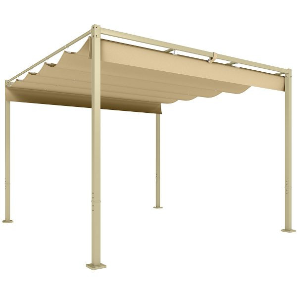Outsunny 3 x 3 m Garten-Pergola mit einziehbarem Dach, Pavillon, Baldachin für Schatten, UPF30+, Khaki, 84C-564V00KK