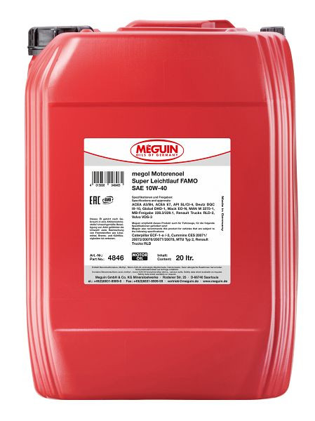 Meguin megol Motorenöl Super Leichtlauf FAMO SAE 10W-40, Kanister Kunststoff, VE: 20 Liter, 4846