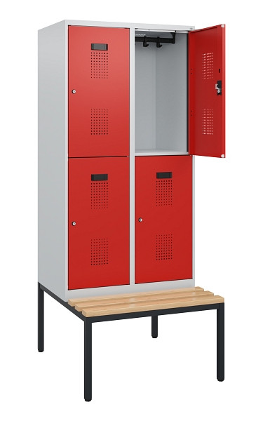 C+P Doppelstöckiger Spind Evolo PLUS, Bank, 4 Fächer, 1950x800x815mm, 7035/3020, Zylinderschloss, Sitzfläche Buche-Hartholz, Sitzbank, 0493505-22 S10028