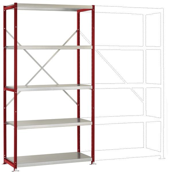 Manuflex Mittelschweres Fachboden-Steck-Grundregal mit 5 Stahlböden, HxBxT = 2000 x 1030 x 300 mm, rubinrot, RP1017.3003