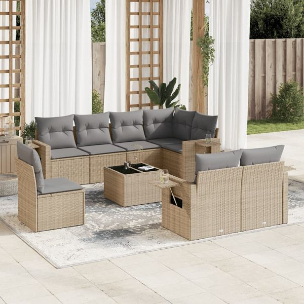 vidaXL 9-tlg. Garten-Sofagarnitur mit Kissen Beige Poly Rattan, 3220448