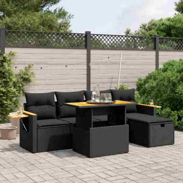 vidaXL 6-tlg. Garten-Sofagarnitur mit Kissen Schwarz Poly Rattan, UV-beständig, 3276135