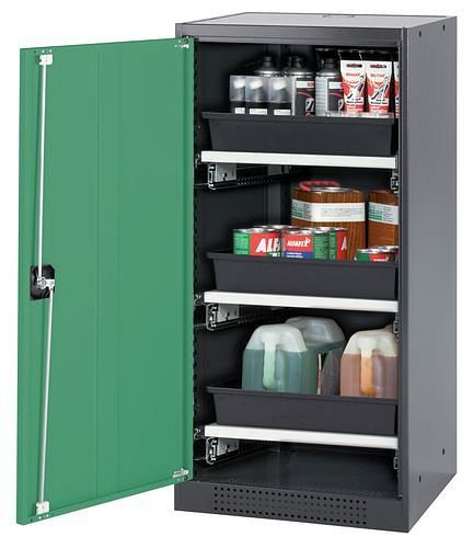 asecos Chemikalienschrank Systema-T CS-53L, Korpus anthrazit, Flügeltüren grün, 3 Tablarauszüge, 208838