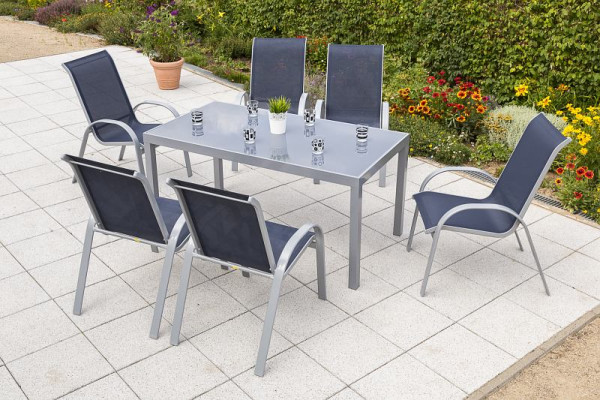 Merxx Amalfi Set 7-teilig, 6 Amalfi Stapelsessel, 1 Tisch 150 x 90 cm, graue Glasplatte, silber/marineblau, 50343-313