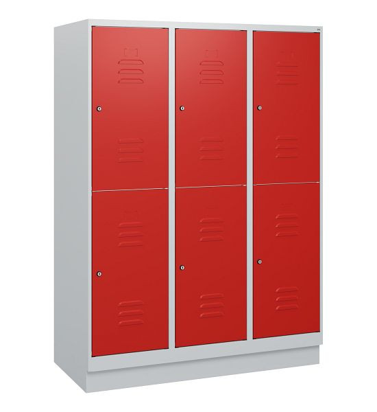 C+P Doppelstöckiger Spind Classic PLUS, Sockel, 3 Abteile, 1630x1200x500mm, 7035/3020, Zylinderschlösser, 0803205-32 S10032
