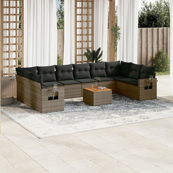 vidaXL 11-tlg. Garten-Sofagarnitur mit Kissen Grau Poly Rattan, 3224737