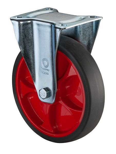 BS Rollen Transportrolle Bockrolle, thermoplastisches Gummirad, Reifen grau, Felge rot, Rollenlager, Platte, Durchmesser: 200 mm, L410.B44.201.03