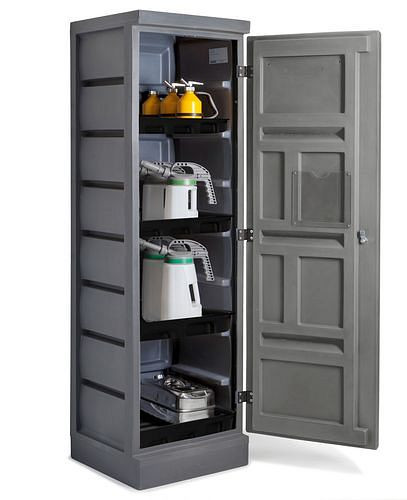 DENIOS Säure- und Laugenschrank PolyStore, Kunststoff, mit 4 Wannenböden, B 600 mm, 281505
