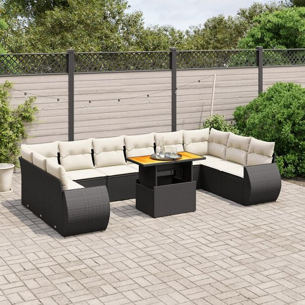 vidaXL 11-teilig Garten-Sofagarnitur mit Kissen Schwarz Poly Rattan, 3272365