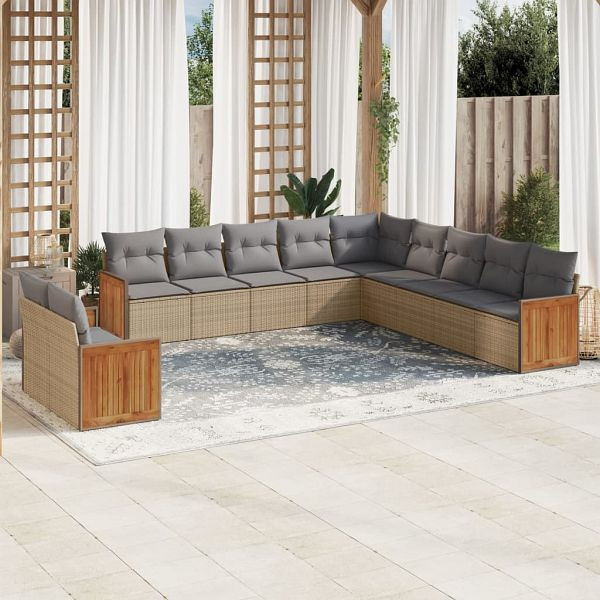 vidaXL 11-teilig Garten-Sofagarnitur mit Kissen Beige Poly Rattan, 3260211