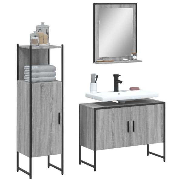vidaXL 3-tlg. Badmöbel-Set Grau Sonoma Holzwerkstoff, 3214352