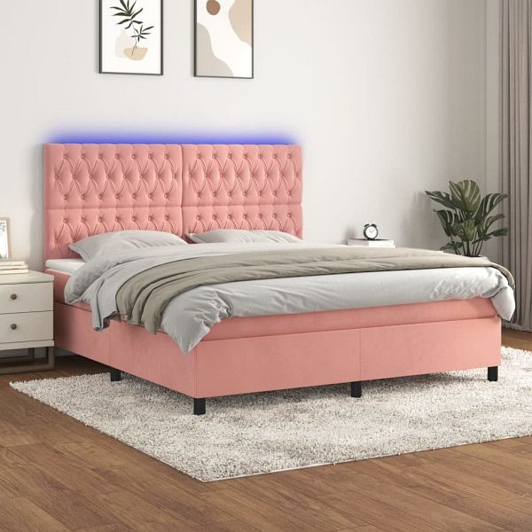 vidaXL Boxspringbett mit Matratze & LED Rosa 180x200 cm Samt, 3136322