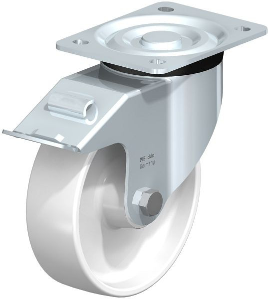 Blickle L-PO 160G-FI Stahlblech-Lenkrolle, mittelschwere Ausführung, mit Anschraubplatte & Feststeller, Polyamid, Weiß, 580027