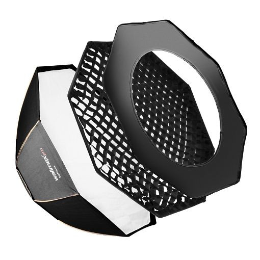 Walimex pro Octagon Softbox PLUS Orange Line 150, mit Grid und Gold-/Silbereinsatz, inkl. Front- und Zwischendiffusor sowie Transporttasche, 1018817