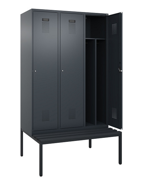 C+P Spind Evolo PLUS, 3 Abteile, 2120x1200x815mm, 7016/7016, Haken 4, Zylinderschloss, Sitzfläche Kunststoff, Sitzbank, Trennwand, 0490507-32F S10097