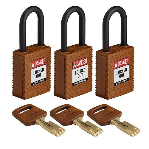 Brady Vorhängeschlösser SafeKey, Kunststoffbügel, VE: 3 Stück, lichte Bügelhöhe 38,10 mm, braun, 311889