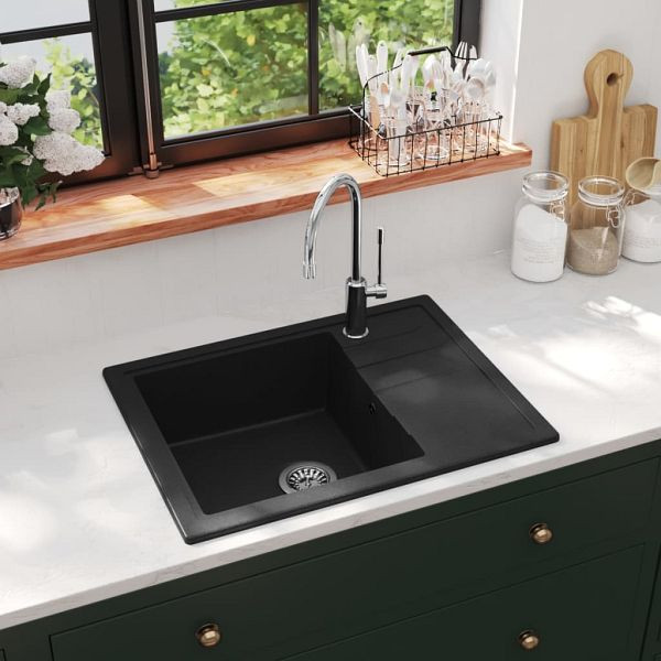 vidaXL Küchenspüle mit Überlauf Oval Schwarz Granit, 147101