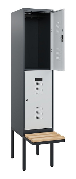 C+P Doppelstock-Spind Evolo PLUS, Bank, 2 Fächer, 1950x400x815mm, 7016/7035, Zylinderschloss, Sitzfläche Buche-Hartholz, 0493405-12 S10042