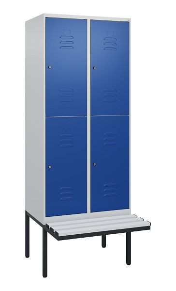 C+P Doppelstöckiger Spind Classic PLUS, 2 Abteile, 2120x800x815mm, 7035/5010, Zylinderschlösser, schwebende Sitzfläche, 0803407-22 S10018