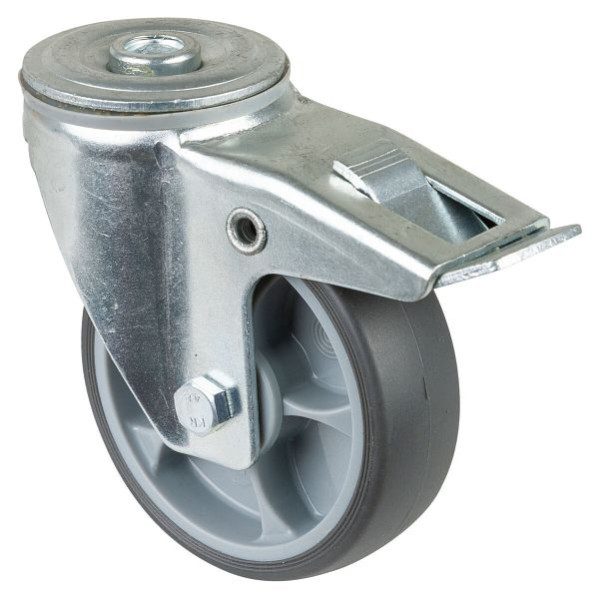 BS Rollen Transportrolle Lenkrolle mit Feststeller, thermoplastisches Gummirad grau, Kugellager, Rückenloch, Durchmesser: 100 mm, VE: 4 Stück, L121.A85.102
