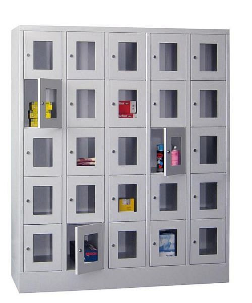Pavoy Schließfachschrank mit Sockel 1850/500/1500, 5b x 5h, Zylinderschloss, Abteilbreite 300, Sichtfenster, 61213-553-091-905515