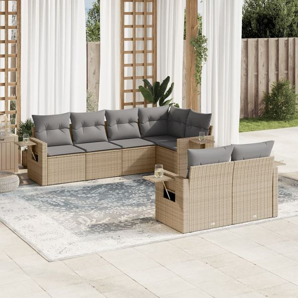 vidaXL 7-tlg. Garten-Sofagarnitur mit Kissen Beige Poly Rattan, 3220408