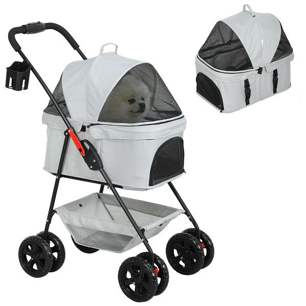 PawHut 3-in-1-Haustierkinderwagen, zusammenklappbarer Hundewagen mit 4 Rädern und abnehmbarer Trage, D00-208V00LG