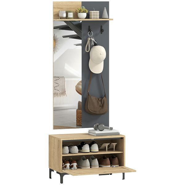 HOMCOM Garderobenset für Eingangsbereich, Schuhbank, Spiegel, 3 Haken, Offenes Regal, Flurmöbel, Naturholz+Grau, 837-660V90ND
