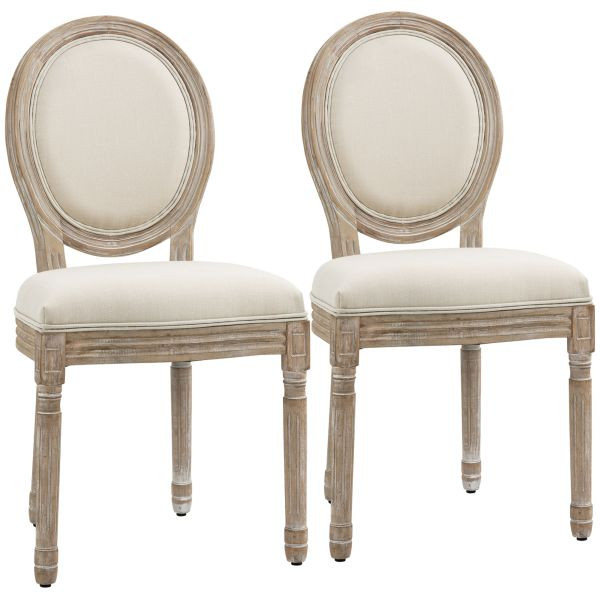 HOMCOM 2er Set Esszimmerstühle Vintage Küchenstuhl Polsterstuhl mit Rückenlehne Linen-Touch Massivholz Cremeweiß+Natur 49 x 56 x 96 cm, 835-524CW