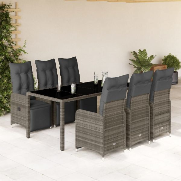vidaXL 7-tlg. Garten-Bistro-Set mit Kissen Grau Poly Rattan, 3277169