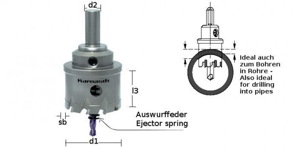 Karnasch Hartmetall-bestückte Lochsäge Power-Max 20 mit Schaft, Zentrierbohrer, Auswurffeder, Schnitttiefe 30mm, d=62mm, 201015062