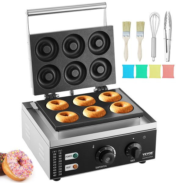 VEVOR Elektrischer Donutmaker, 1550 W mit Antihaftbeschichtung, 6 Löcher, Doppelseitige Heizwaffelmaschine für 6 Donuts, 50–300 °C, XXSYTTQJ1550TPF0RV2