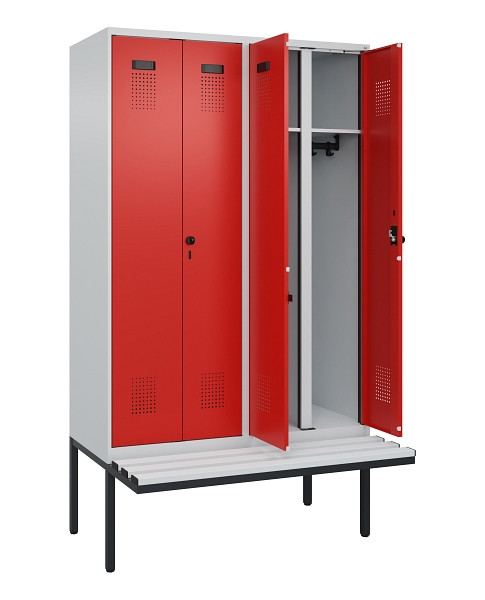 C+P Schwarz-Weiß-Spind Evolo PLUS, Bank, 4 Abteile, 2120x1200x815mm, 7035/3020, Drehriegel, Material Sitzfläche Kunststoff, 0490427-40 S10059