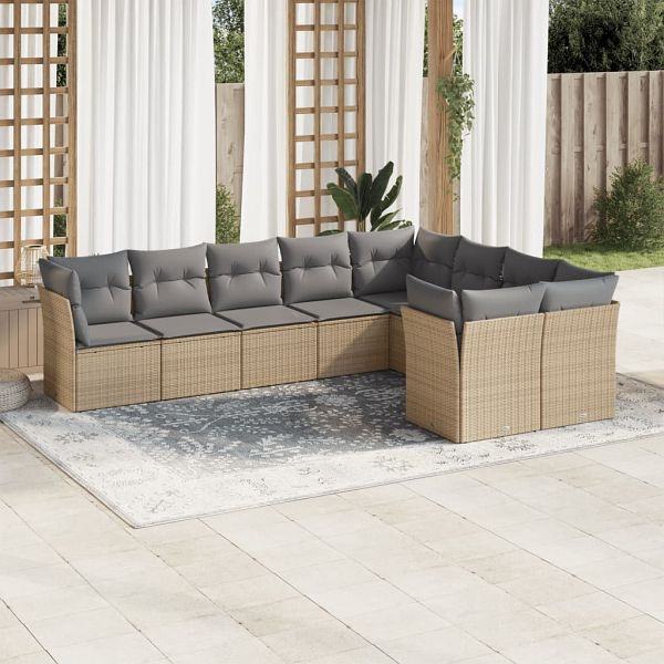 vidaXL 9-tlg. Garten-Sofagarnitur mit Kissen Beige Poly Rattan, 3250008