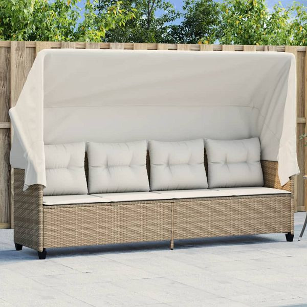 vidaXL Sonnenliege mit Dach und Kissen Beige Poly Rattan, 368339