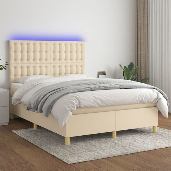 vidaXL Boxspringbett mit Matratze & LED Creme 140x190 cm Stoff, 3135754