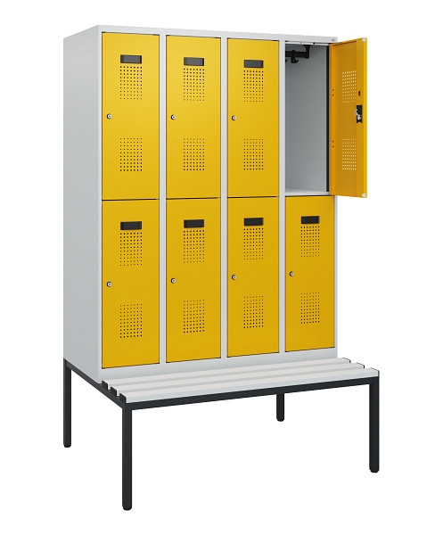 C+P Doppelstöckiger Spind Evolo PLUS, Bank, 8 Fächer, 1950x1200x815mm, 7035/1004, Zylinderschloss, Sitzfläche Kunststoff, Sitzbank, 0493505-40 S10135