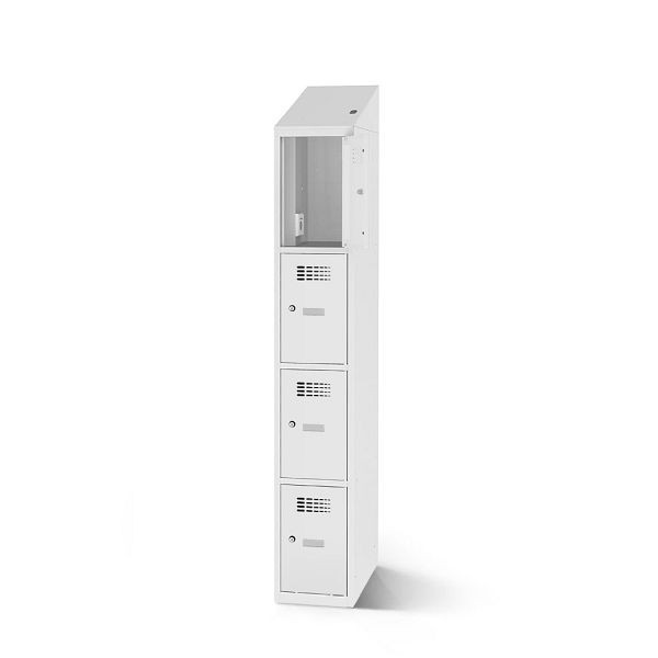 Rotstahl Fächerschrank, 4 Fächer, kurzer Sockel, mit Ladefunktion, Schrägdach, Korpus: lichtgrau, Türen: lichtgrau, 2180-010400-0301112-7035-7035