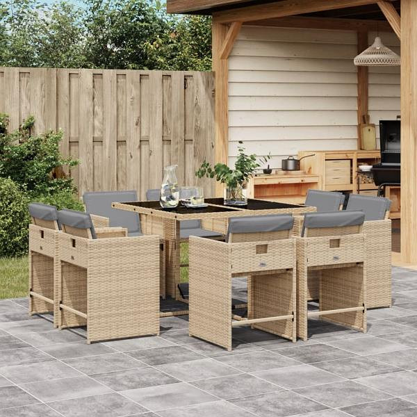 vidaXL 9-tlg. Garten-Essgruppe mit Kissen Beigemischung Poly Rattan, UV-beständig, 3277967