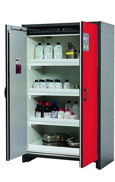 asecos Sicherheitsschrank Q-CLASSIC-30, Q30.195.116 in verkehrsrot RAL 3020 mit 3x Wannenboden Standard (Polypropylen), 31003-066-30013