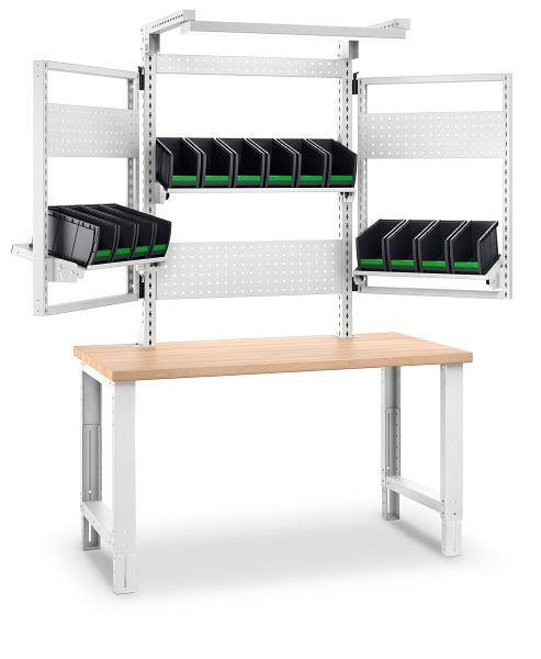 bott cubio Werkbank, 2 Schwenkrahmen, Leuchte, 2 Schubladen, 4 Lochplatte, 14 bottBoxen BxTxH: 2000x750x740-1140 mm, Multiplex RAL 7035, 41003563.16V