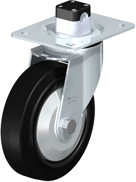 Blickle LE-POEV 160XKA-CS11-FA Stahlblech-Lenkrolle mit Anschraubplatte & Zentralfeststeller, Elastik-Vollgummi, Schwarz, 850228