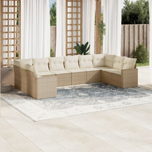 vidaXL 10-tlg. Garten-Sofagarnitur mit Kissen Beige Poly Rattan, 3251805