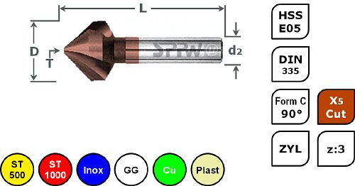 SPPW Kegelsenker HSS-E05+X5.Cut 90° z:3 Form C L: 67 Ø25,0, 1546072500