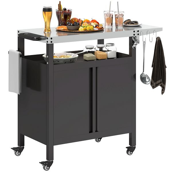 Outsunny Grillwagen 3-Etagen Servierwagen mit Arbeitsfläche Schrank Haken Räder 116x50x93cm Schwarz, 84G-764V00BK