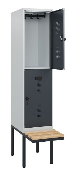 C+P Doppelstock-Spind Evolo PLUS, Bank, 2 Fächer, 1950x400x815mm, 7035/7016, Drehriegel, Sitzfläche Buche-Hartholz, 0493405-12 S10012