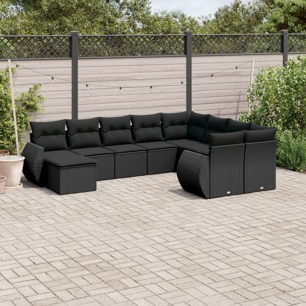 vidaXL 10-teilig Garten-Sofagarnitur mit Kissen Schwarz Poly Rattan, 3254192
