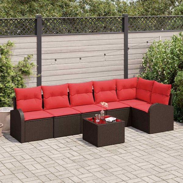 vidaXL Gartensofa-set mit Kissen 7-teilig Braun und Rot Poly-Rattan, 3354743