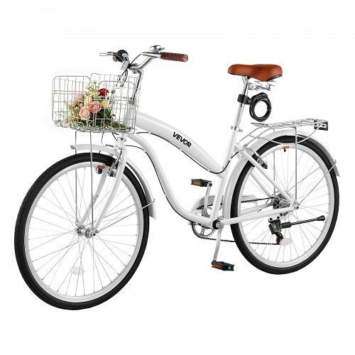 VEVOR Damenfahrrad 26 Zoll 150 kg 7-Gang Weiß, für Pendelfahrten Besorgungen, mit Doppelten V-Bremsen, 50 kg Gepäckträger, SGXYJZXCBSSGZVMXW001V0