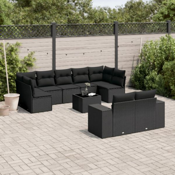vidaXL 10-tlg. Garten-Sofagarnitur mit Kissen Schwarz Poly Rattan, 3223024